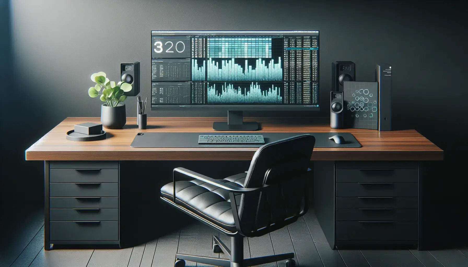 Modern office with dark wooden desk, monitor with blank spreadsheet, gradient keyboard, ergonomic mouse and black leather chair.