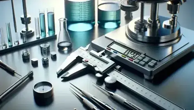 Strumenti di misurazione scientifici su tavolo da laboratorio, inclusi calibro vernier in acciaio, micrometro e bilancia analitica digitale.