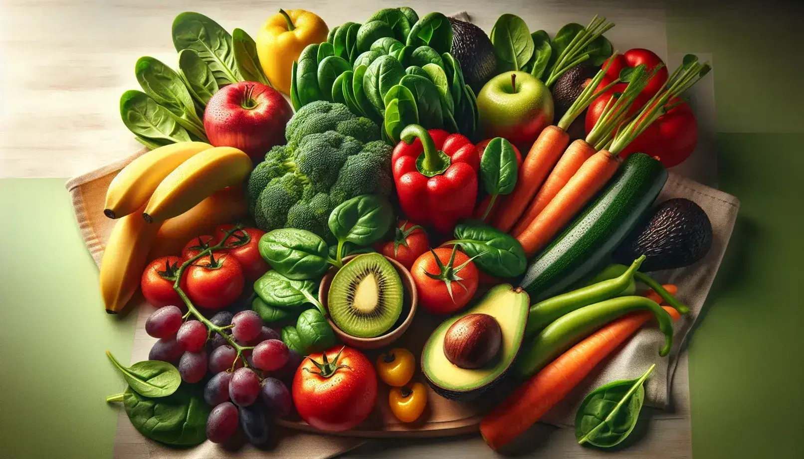 Variedad de frutas y verduras frescas con espinacas, tomates, zanahorias, bananas maduras, uvas, pimientos y aguacate en superficie de madera.