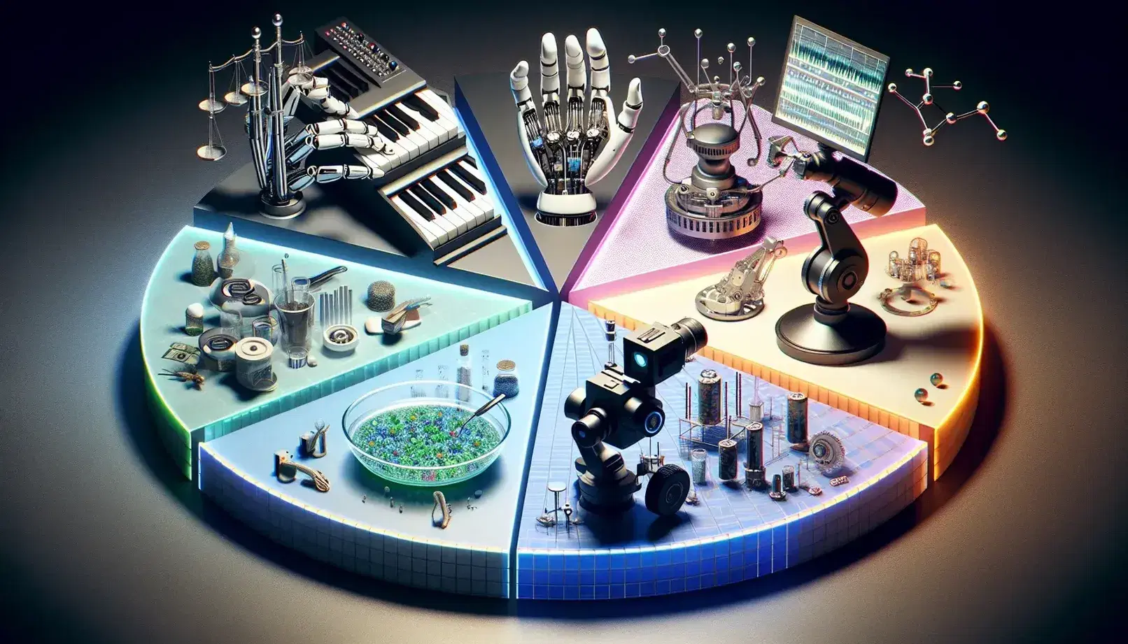 Pie-shaped collage with five sectors: robotic hand on table, camera with gimbal, robotic arm in laboratory, industrial automation and table with 3D architectural model.