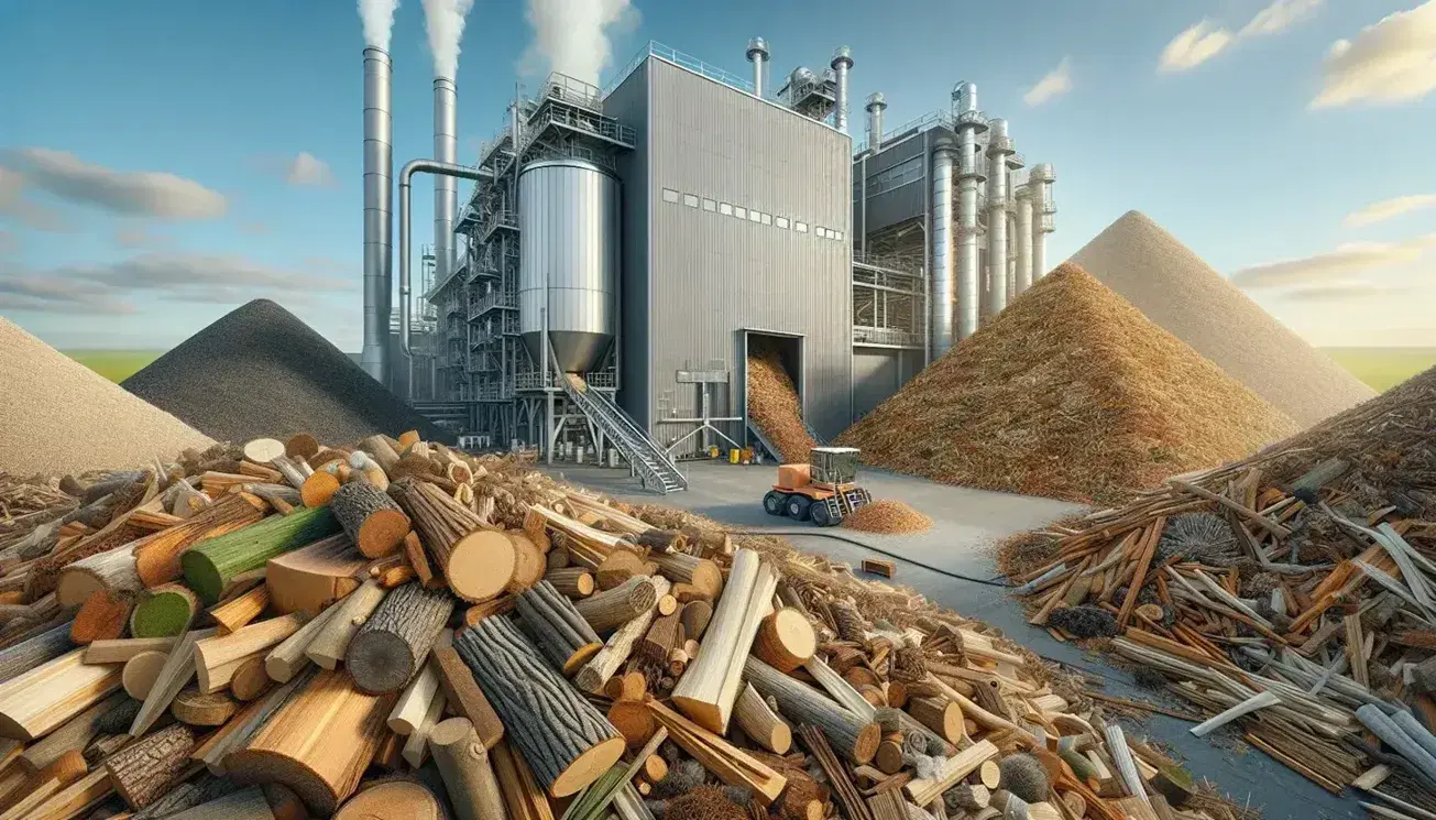 Planta de energía de biomasa en funcionamiento con montón de residuos orgánicos en primer plano, tolva metálica y trabajador supervisando, chimeneas emitiendo vapor en fondo de cielo azul.