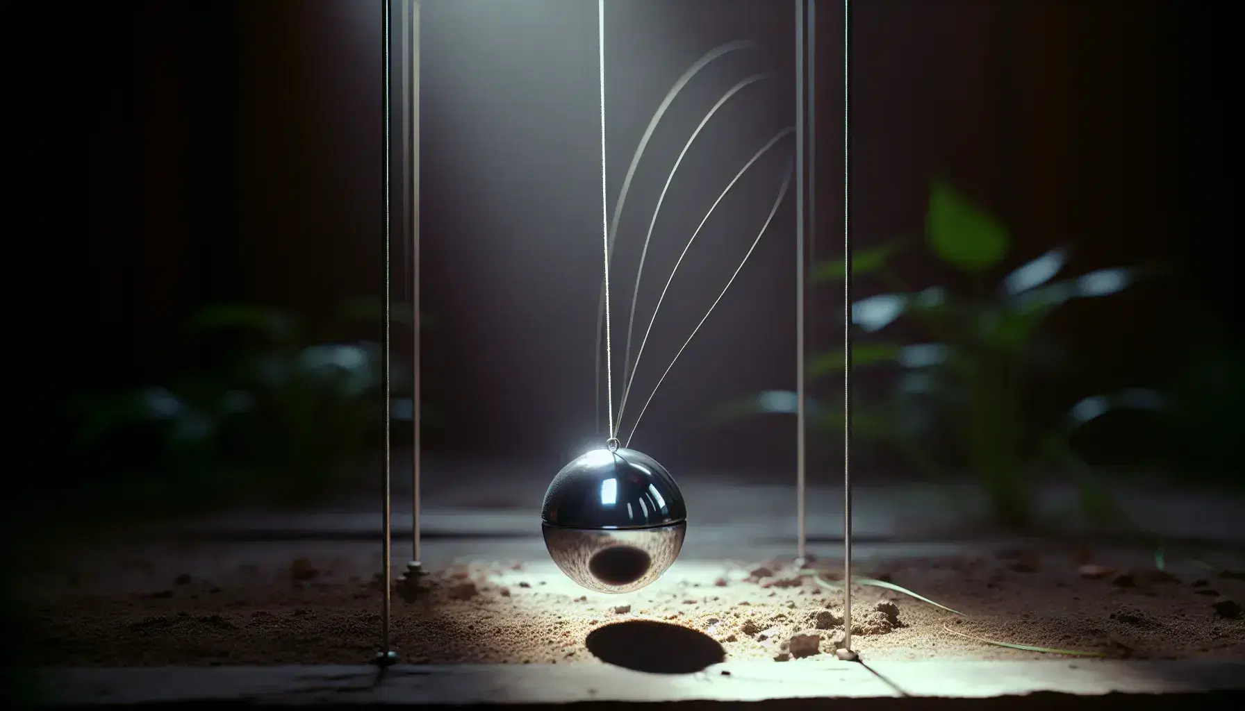 Pendolo semplice in movimento con sfera metallica riflettente e sfondo sfocato naturale di vegetazione.
