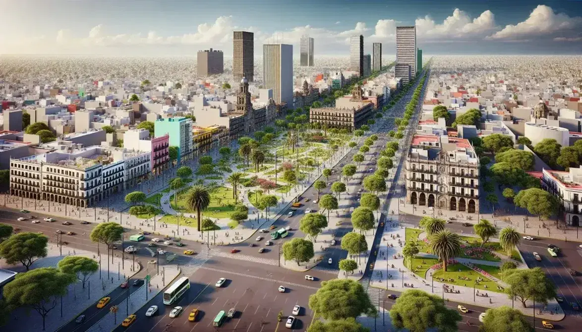 Vista panorámica de ciudad mexicana con avenida, edificios coloniales y modernos, parque urbano con gente, vehículos y cielo azul.
