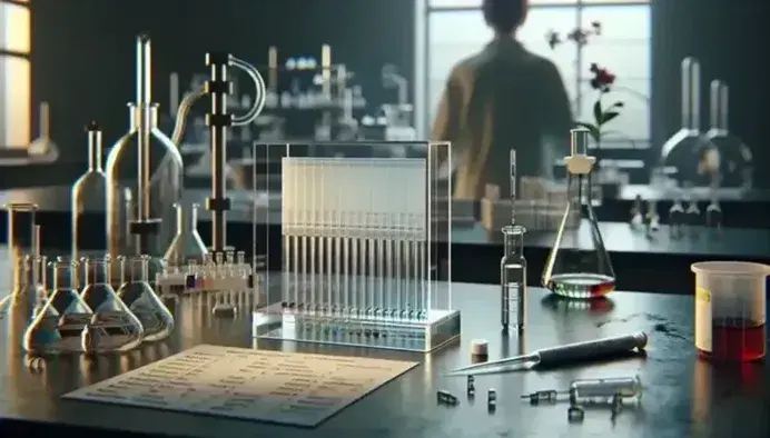 Laboratory with chromatography experiment in progress, TLC plate with colored spots, pipette and flask, researcher in background.