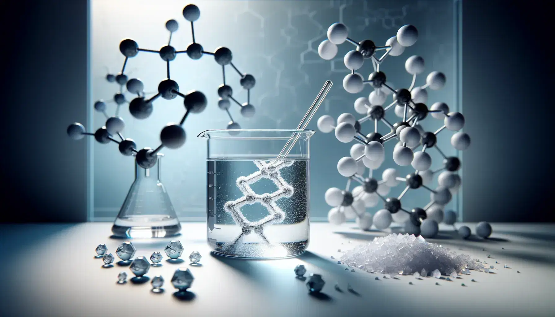 Glass beaker with colorless liquid and stirring rod on laboratory bench, white crystalline substance and molecular model blurred background.