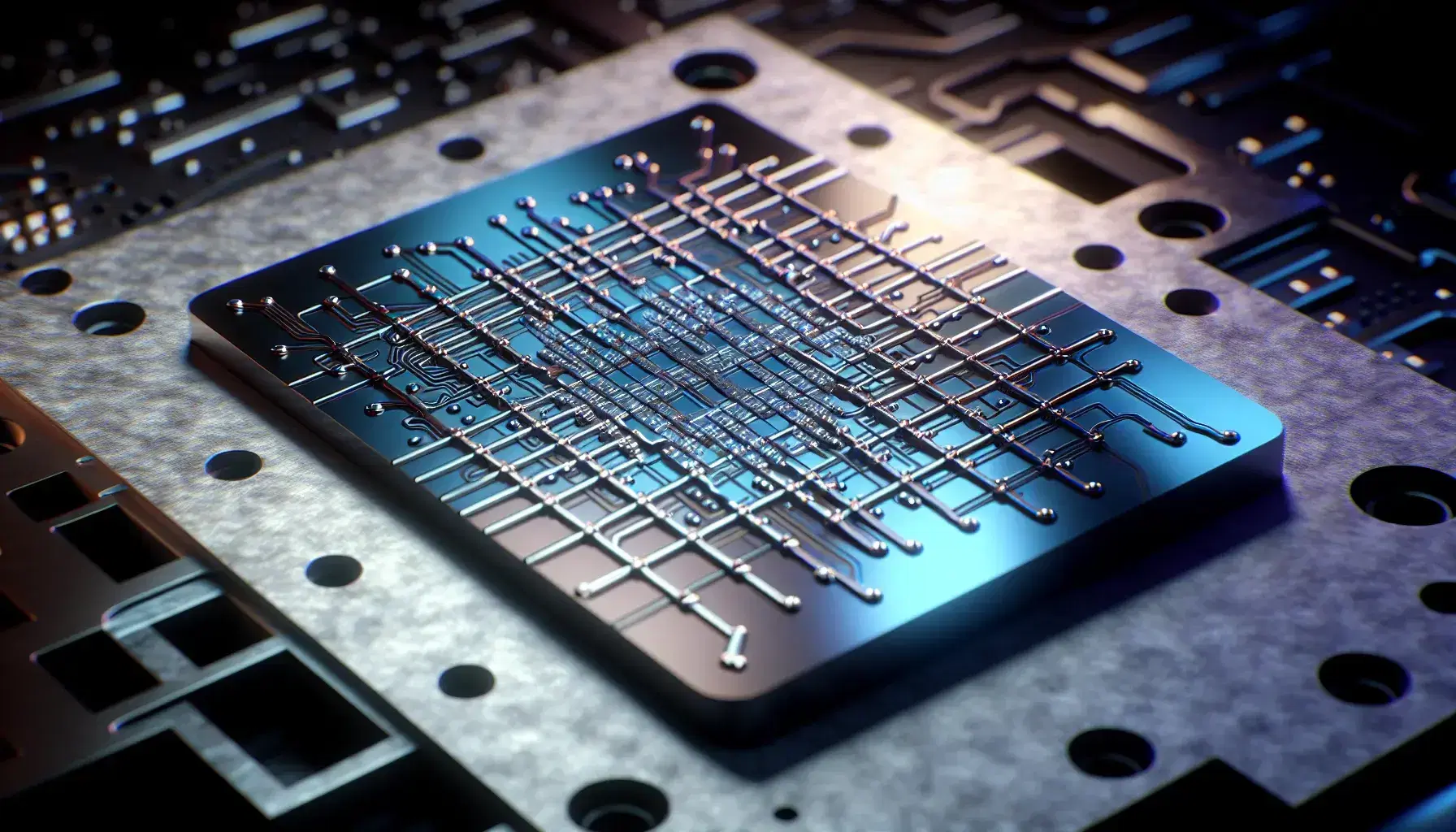 Close-up of a quantum computer chip mounted on a metal base, with superconducting circuitry and qubits visible.