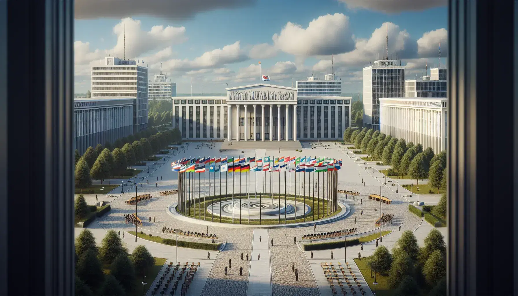 Edificios gubernamentales de estilos arquitectónicos variados en una plaza amplia con banderas de colores, personas dispersas y árboles al fondo bajo un cielo despejado.