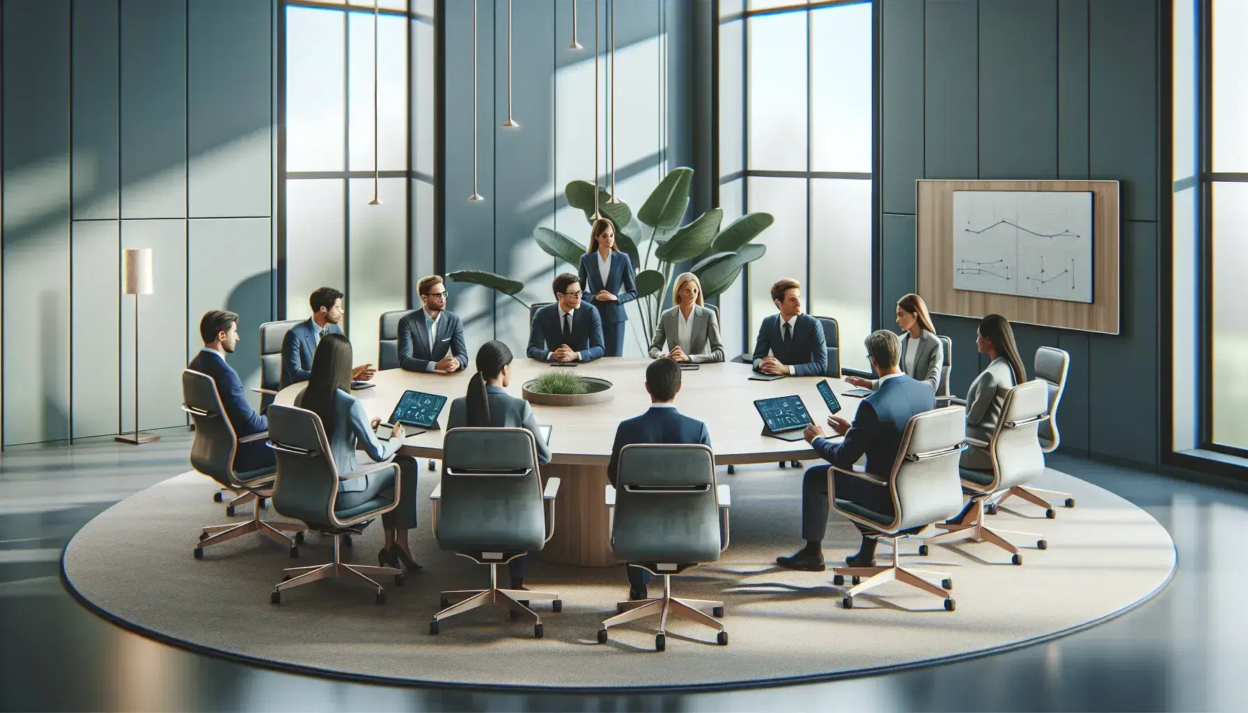 Diverse team of professionals engaged in a meeting around an oval conference table with digital devices, in a bright office with large windows.