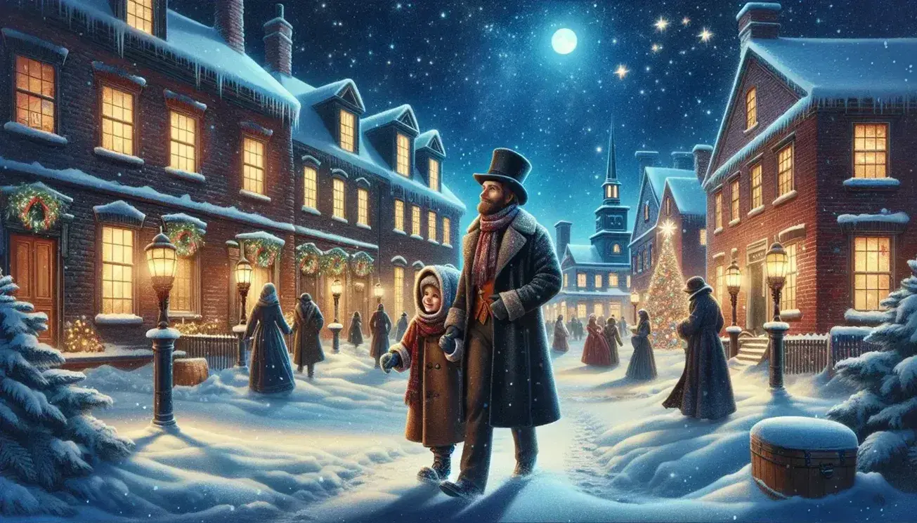 Escena invernal nocturna en calle antigua con hombre y niño caminando en la nieve, casas iluminadas, árbol de Navidad y luna llena.