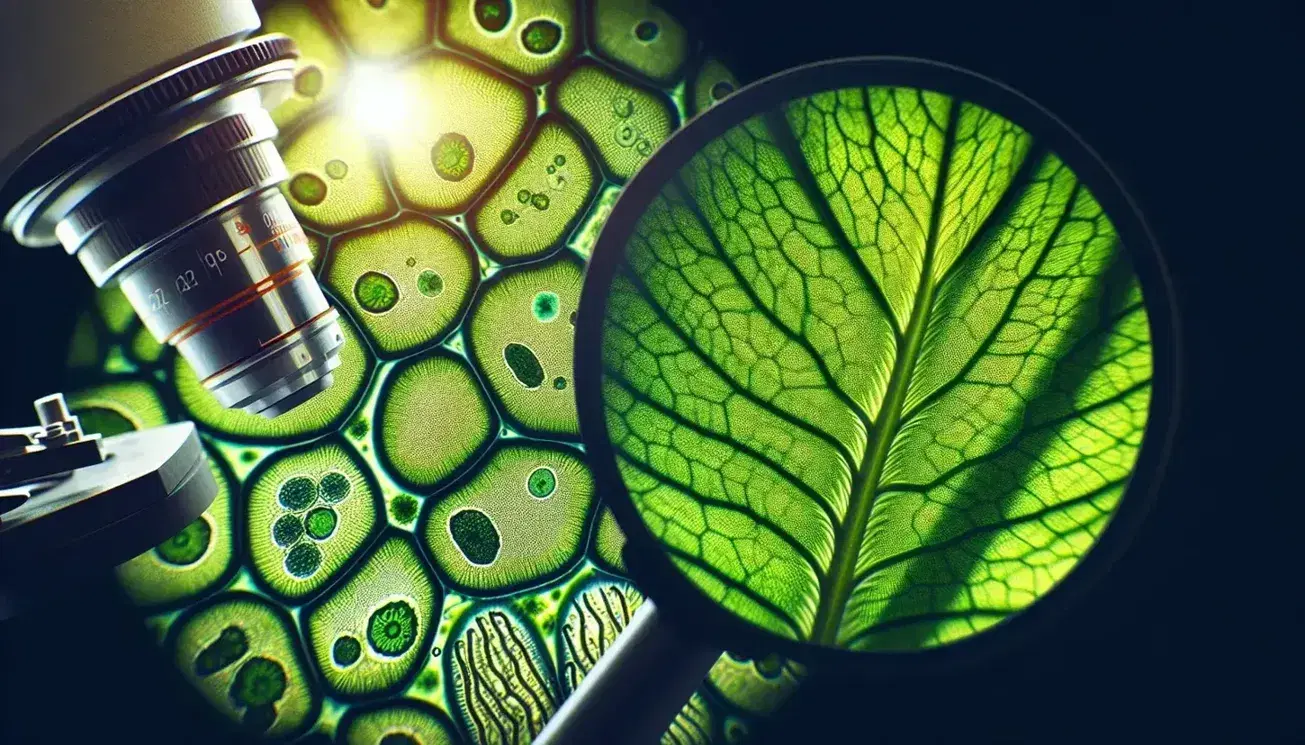 Hoja verde vibrante con patrones de venas y juego de sombras bajo la luz del sol, con fondo desenfocado de células vegetales y cloroplastos visibles al microscopio.