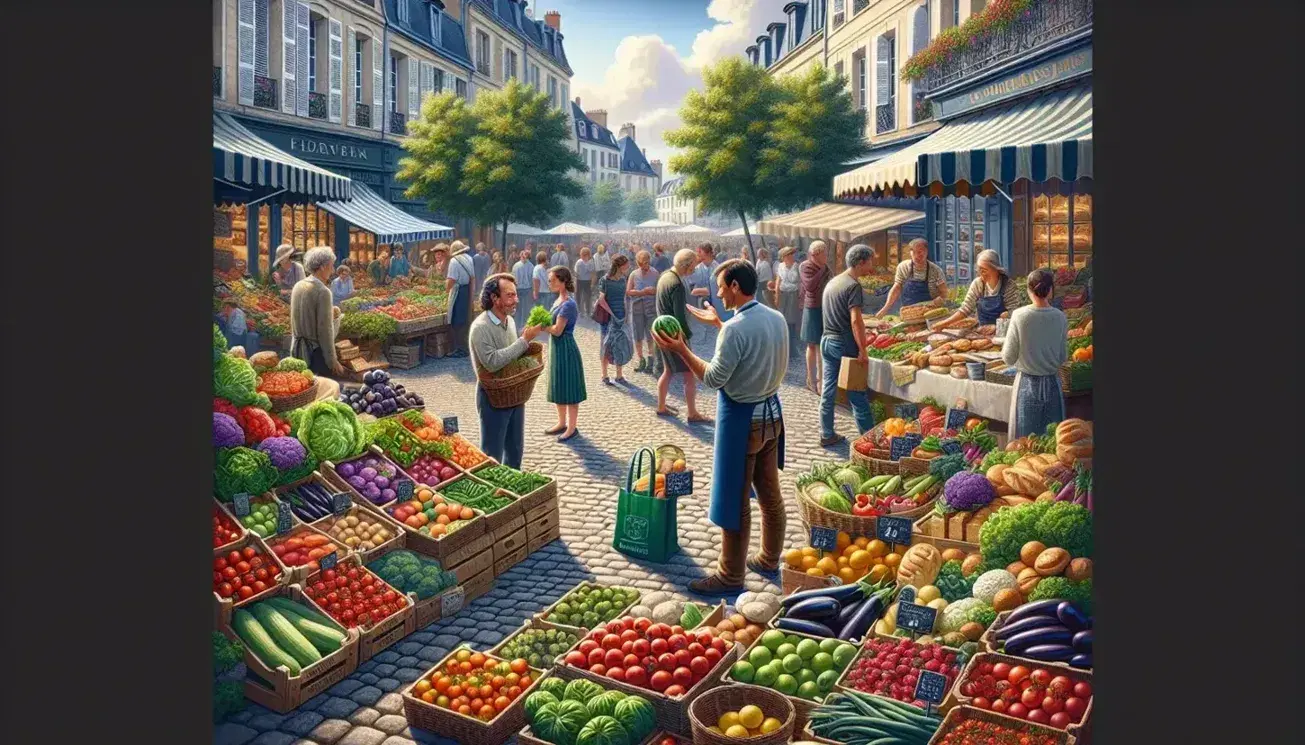 Bustling French outdoor market with colorful fresh produce on stalls, vendor in blue apron chatting with diverse customers, traditional architecture.