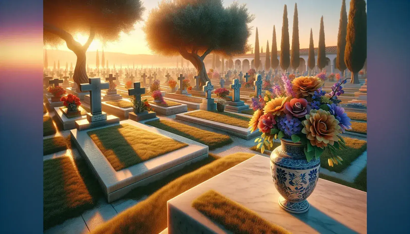 Serene Spanish cemetery at sunset with a ceramic vase of fresh flowers on a grave, stone crosses, and olive trees against a pastel sky.