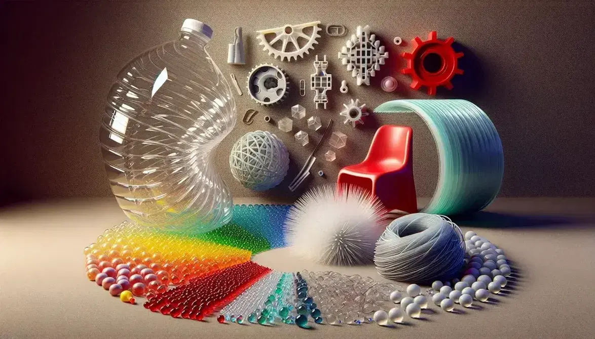 Variety of plastic objects with different textures and colors, including a transparent bottle, a white gear, colorful beads, a red chair and a synthetic fiber rope.