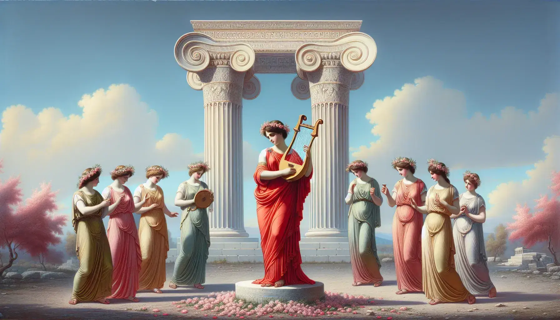 Colonna dorica in marmo con cielo azzurro, donna in peplo rosso con lira e gruppo di danzatrici in tuniche pastello tra petali di fiori in Grecia antica.