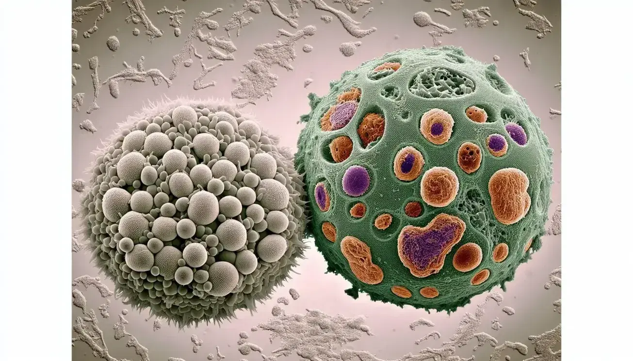 Célula procarionte esférica simple al lado de célula eucarionte compleja con núcleo oscuro y orgánulos variados bajo microscopio.