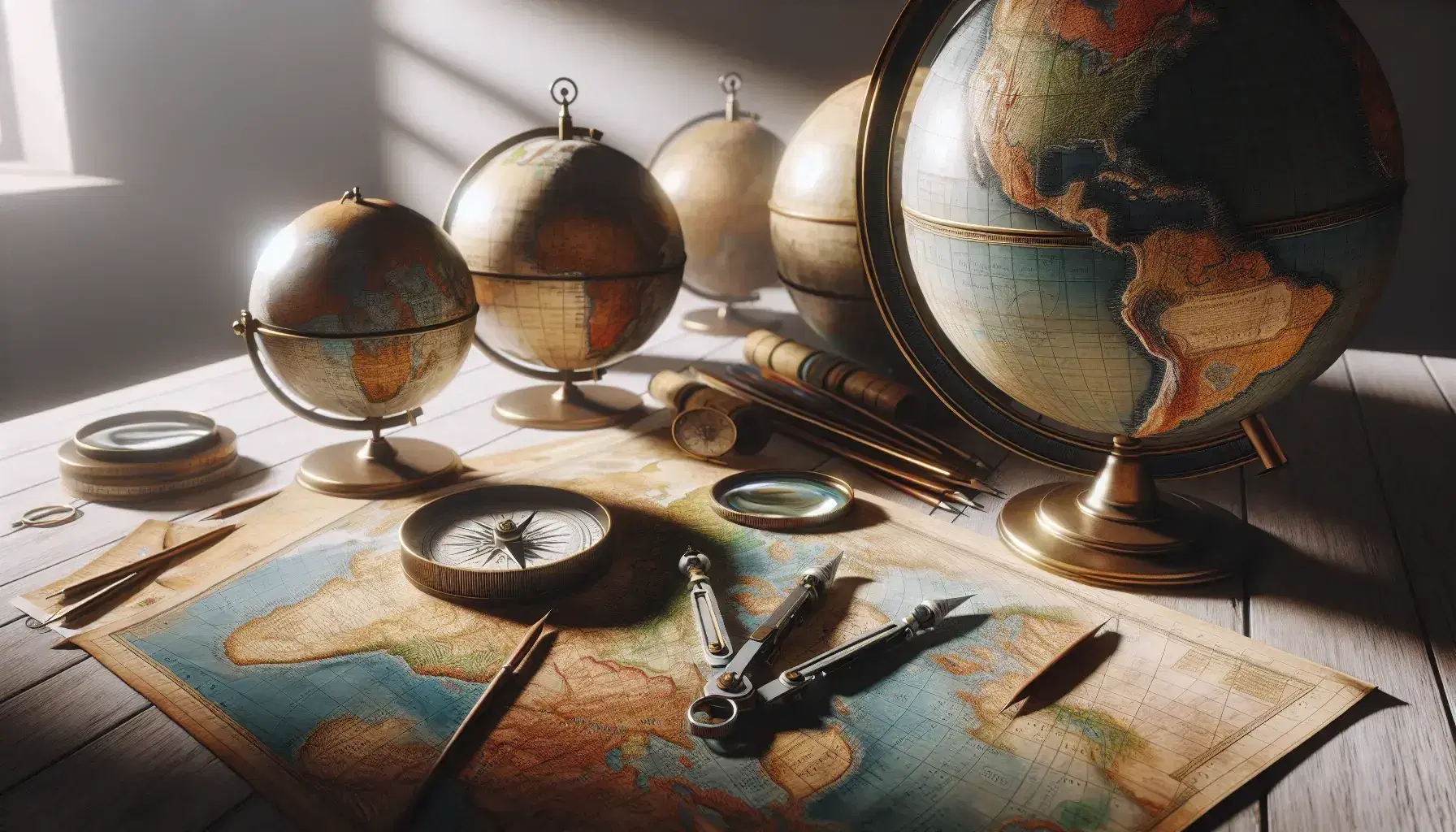 Globo terrestre con dettagli topografici accanto a strumenti cartografici su tavolo in legno, mappe arrotolate e luce soffusa.