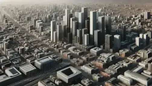 Vista aérea de una zona urbana densamente poblada con rascacielos en un distrito financiero y áreas industriales, rodeada de calles y vías de tren, bajo un cielo azul con nubes dispersas.