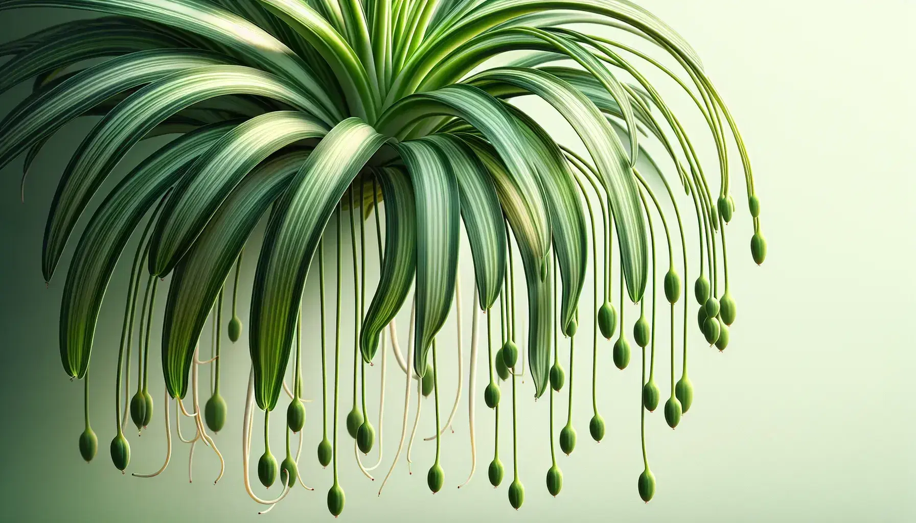 Healthy green spider plant with variegated leaves and multiple offshoots, displaying vibrant plantlets on arching stolons against a soft green gradient background.