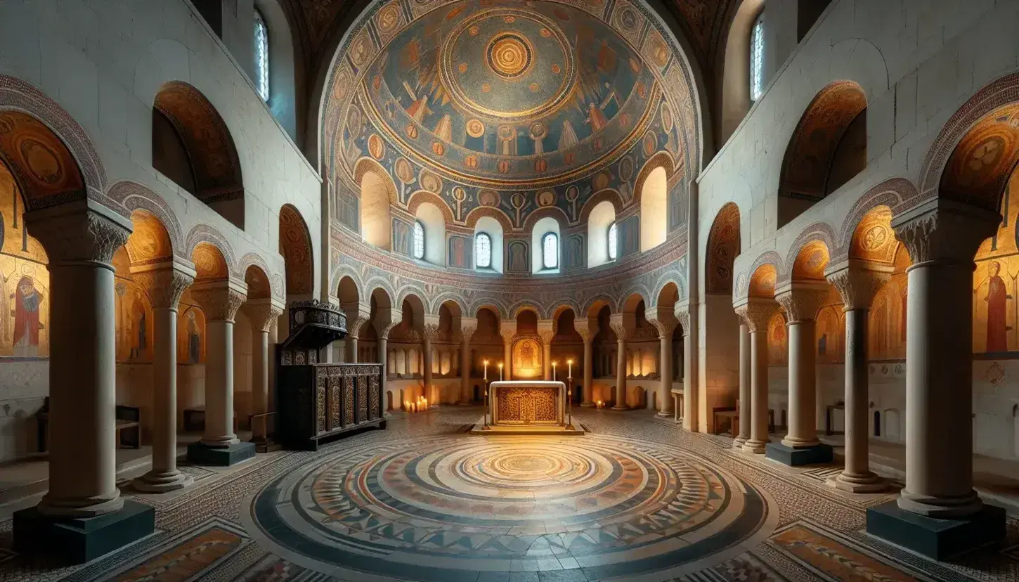Interno chiesa carolingia con archi a tutto sesto, volta a botte affrescata, altare semicircolare e pavimento in marmo policromo.