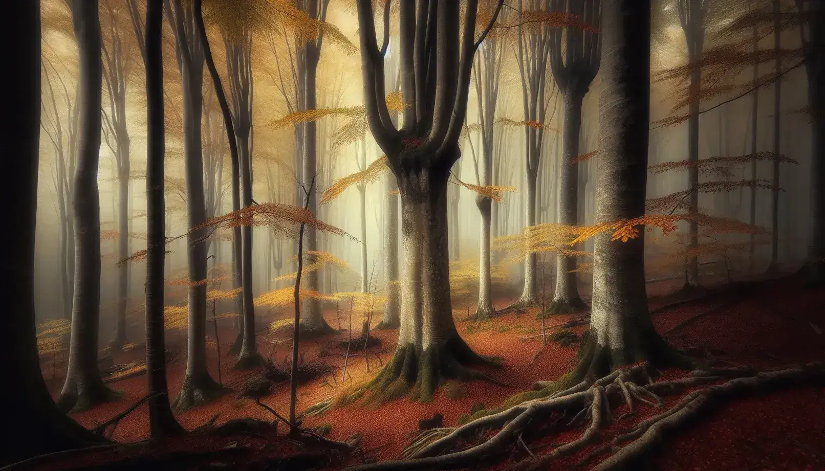 Foresta autunnale nebbiosa con alberi slanciati dai colori caldi, radici emergenti e foglie cadute, senza presenza umana.