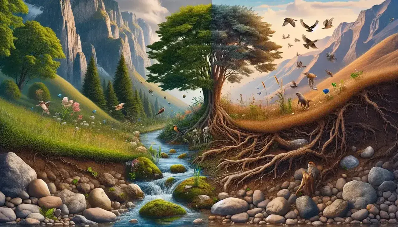 Paesaggio naturale con ruscello, albero maestoso, montagne innevate, uccelli in volo e arcobaleno che collega cielo e terra.