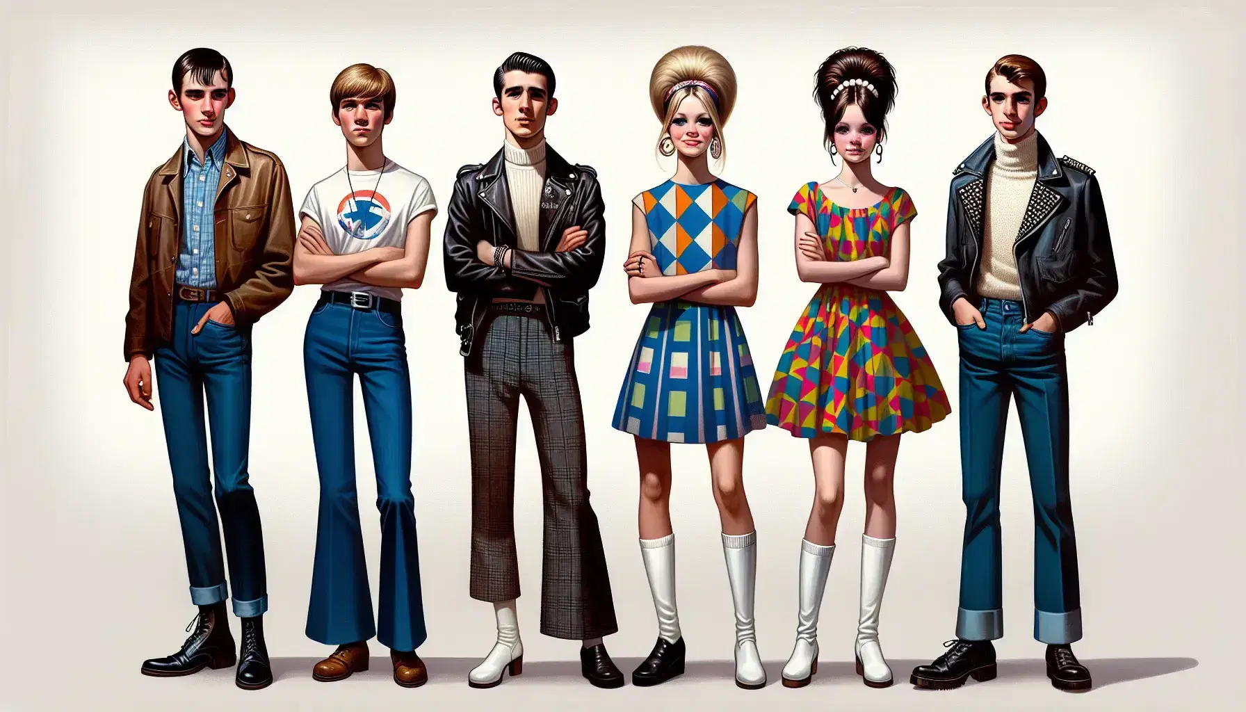 Four young adults lined up showcasing British youth fashion from the 1950s to late 70s, with era-specific outfits and hairstyles against a light background.