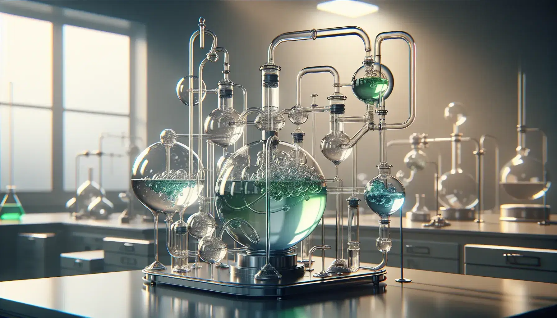 Complex glass laboratory apparatus with interconnected flasks containing green, blue, and clear liquids, and a tube with rising bubbles, on a gray bench.