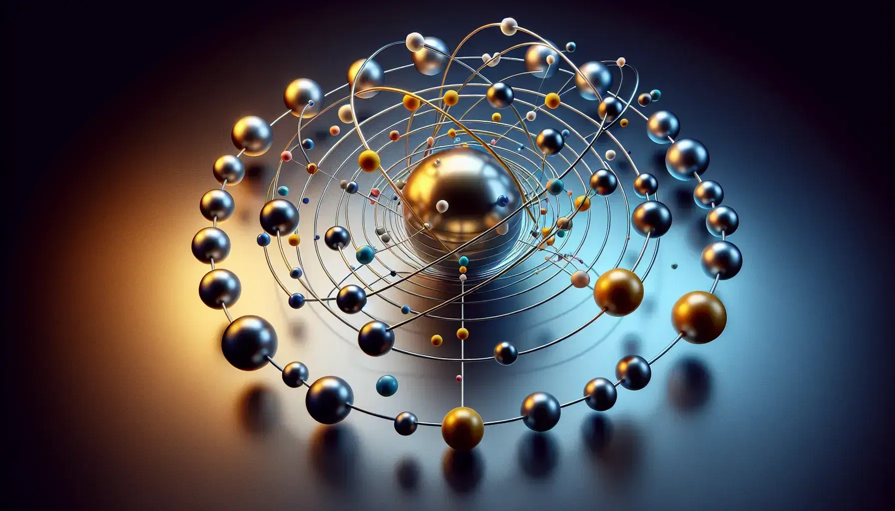 Modello atomico stilizzato con sfera dorata centrale e sfere argento in orbita su sfondo gradiente blu-nero.