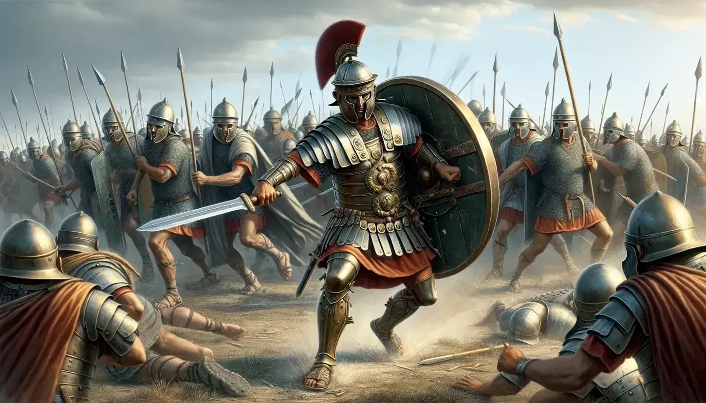 Scena di battaglia antica con guerriero romano in armatura e elmo con cresta rossa, scudo rotondo e spada, su campo di battaglia con altri soldati.