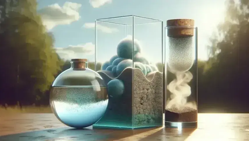 Recipientes de vidrio con estados de la materia en entorno natural, esfera con líquido azul, cilindro con gas blanco y cubo con sólido marrón.