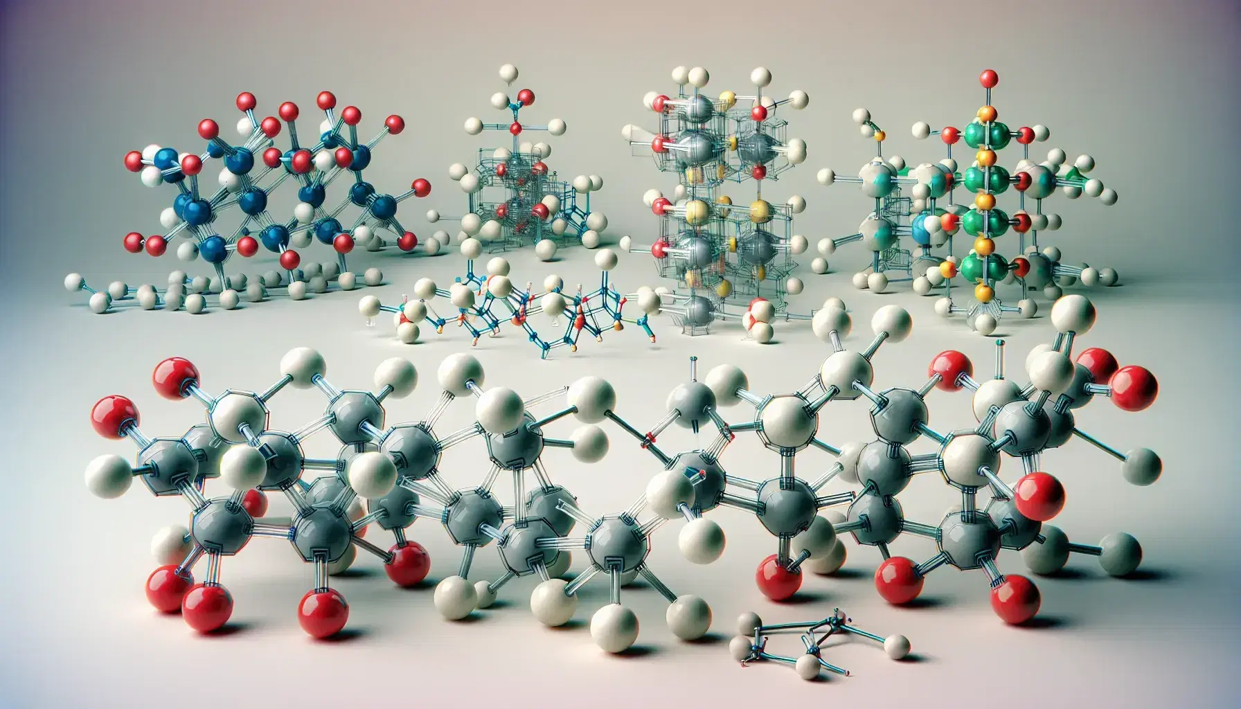 3D molecular models with colored spheres and rods on a white background, showing linear and branched structures, and mirror image pairs.