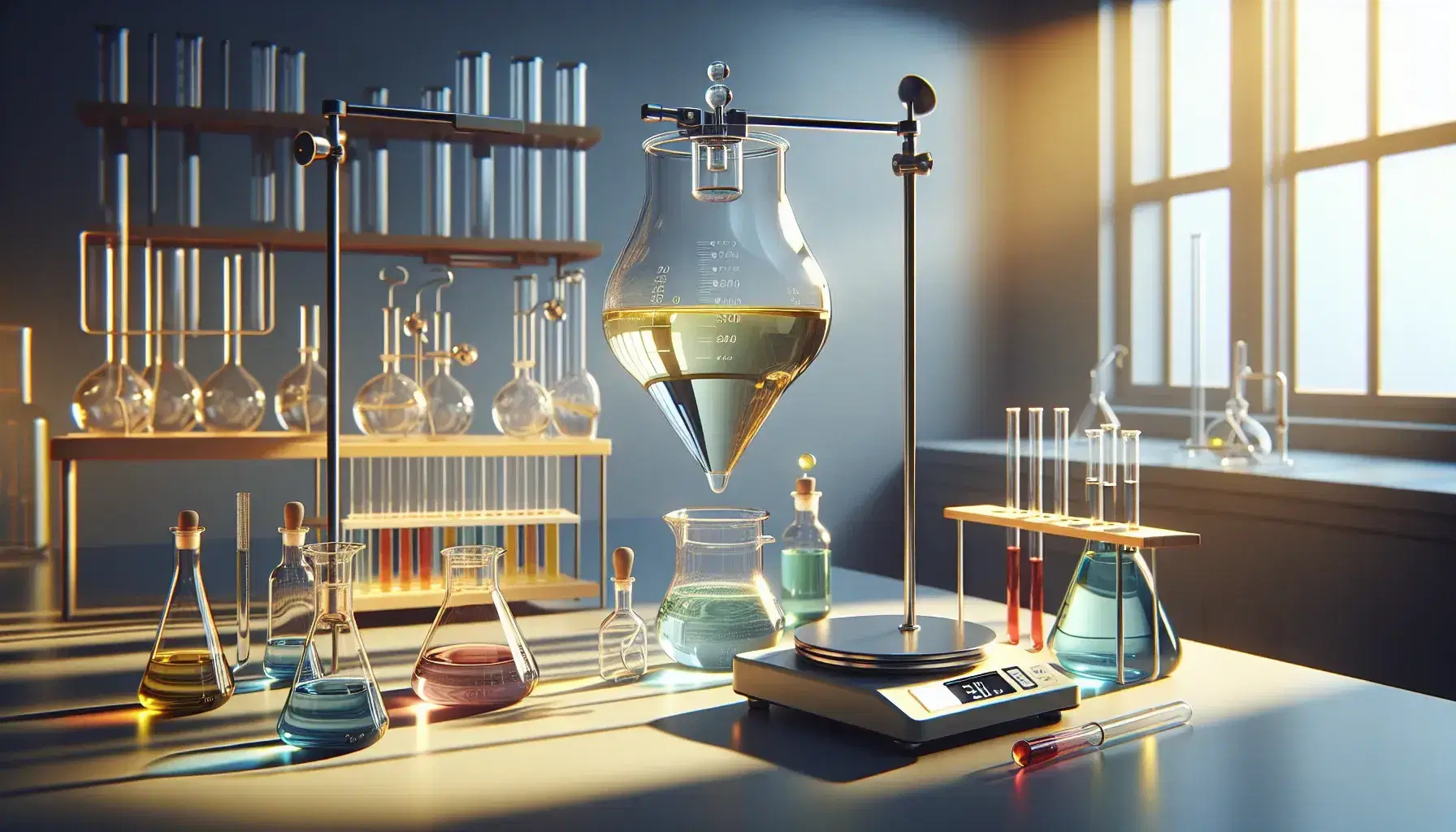 Laboratorio con embudo de decantación conteniendo líquidos inmiscibles, balanza analítica y tubos de ensayo con líquidos de colores en estante de madera.