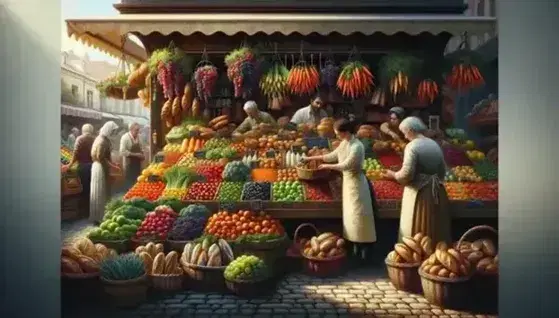 Mercato all'aperto con banco frutta e verdura colorato, cliente e venditore, stand pane dorato e ombrelloni vivaci sotto luce solare.