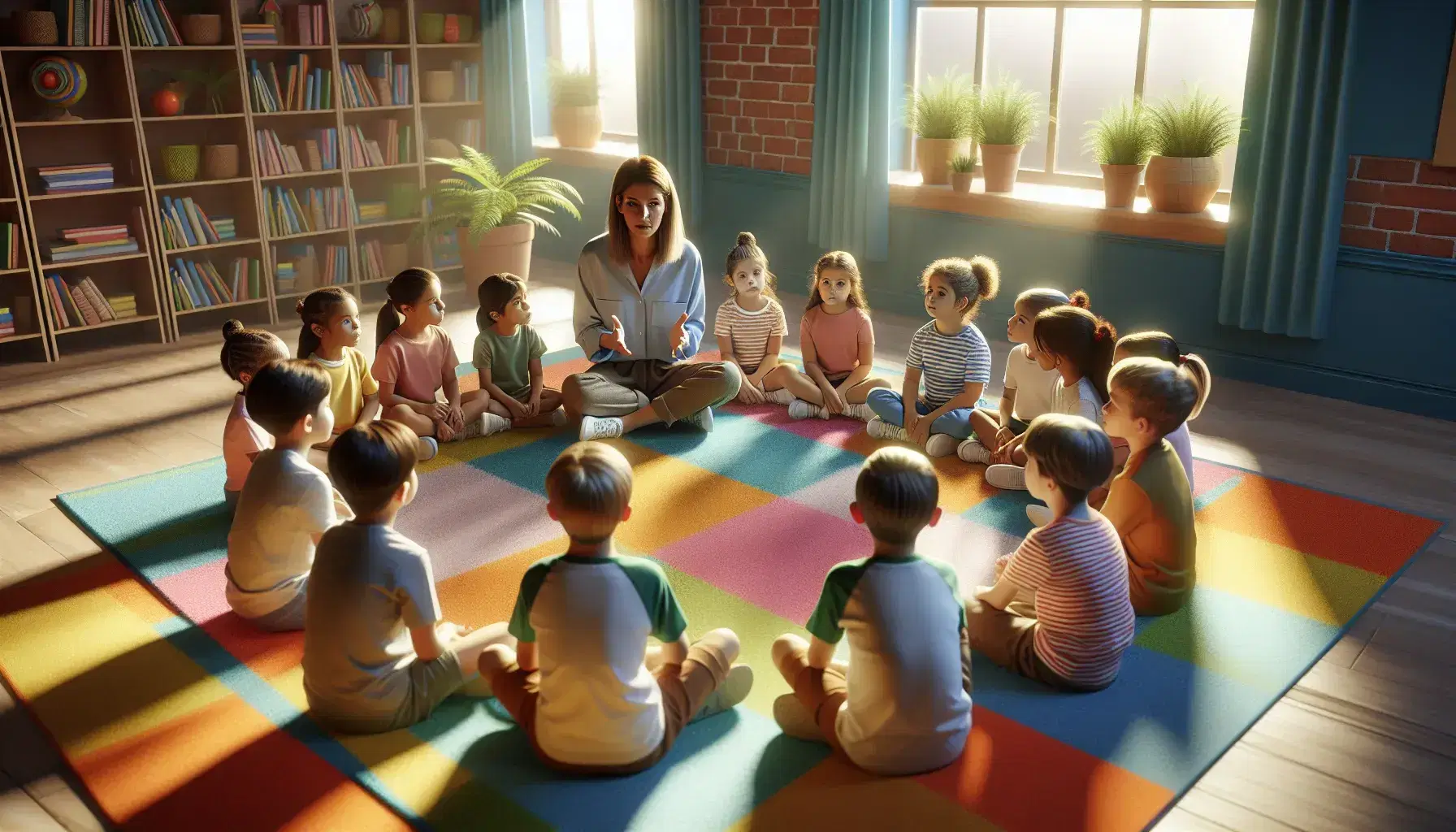 Niños de diversas etnias sentados en círculo en una alfombra colorida escuchando a una educadora en una sala iluminada con luz natural y decorada con plantas.