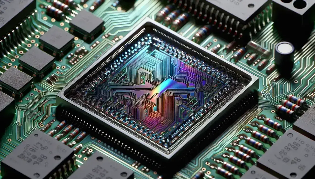 Close-up of a silicon chip on a green PCB board, with etched circuits and blurred electronic components in the background.