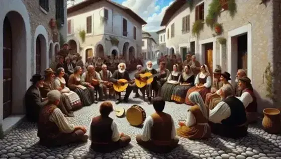 Gruppo in abiti tradizionali italiani suona e canta in un vicolo antico, con un anziano che suona un mandolino e una donna con tamburello.