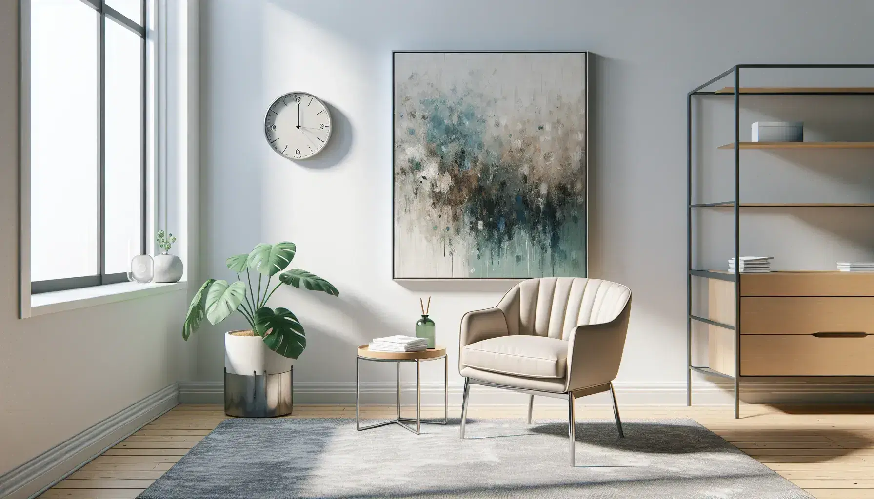 Interno luminoso di uno studio psicologico con poltrona beige, sedia con cuscino blu, quadro astratto, orologio e pianta.