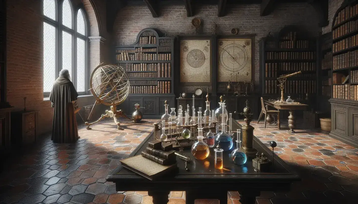 Laboratorio scientifico vintage con tavolo in legno, viali colorati, microscopio in ottone, sfera armillare e figura in abiti d'epoca.