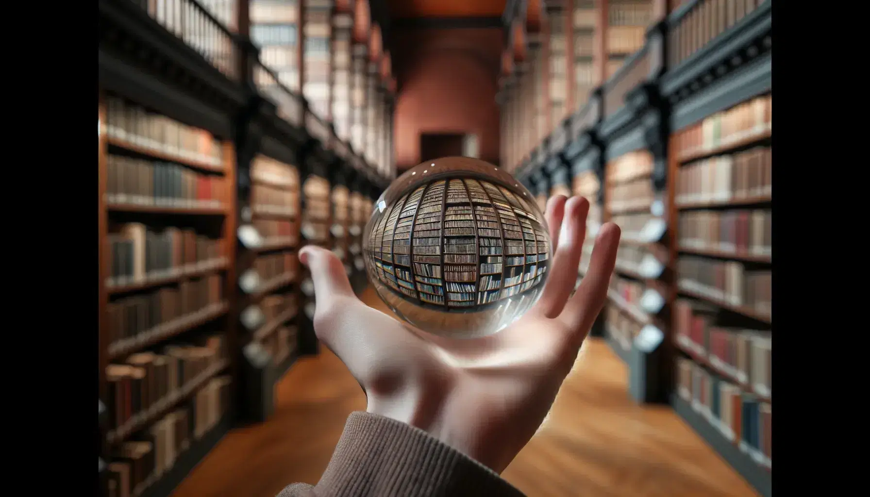 Close-up view of hands holding a crystal ball with a blurred library bookshelf background, highlighting the reflective quality and warm tones.
