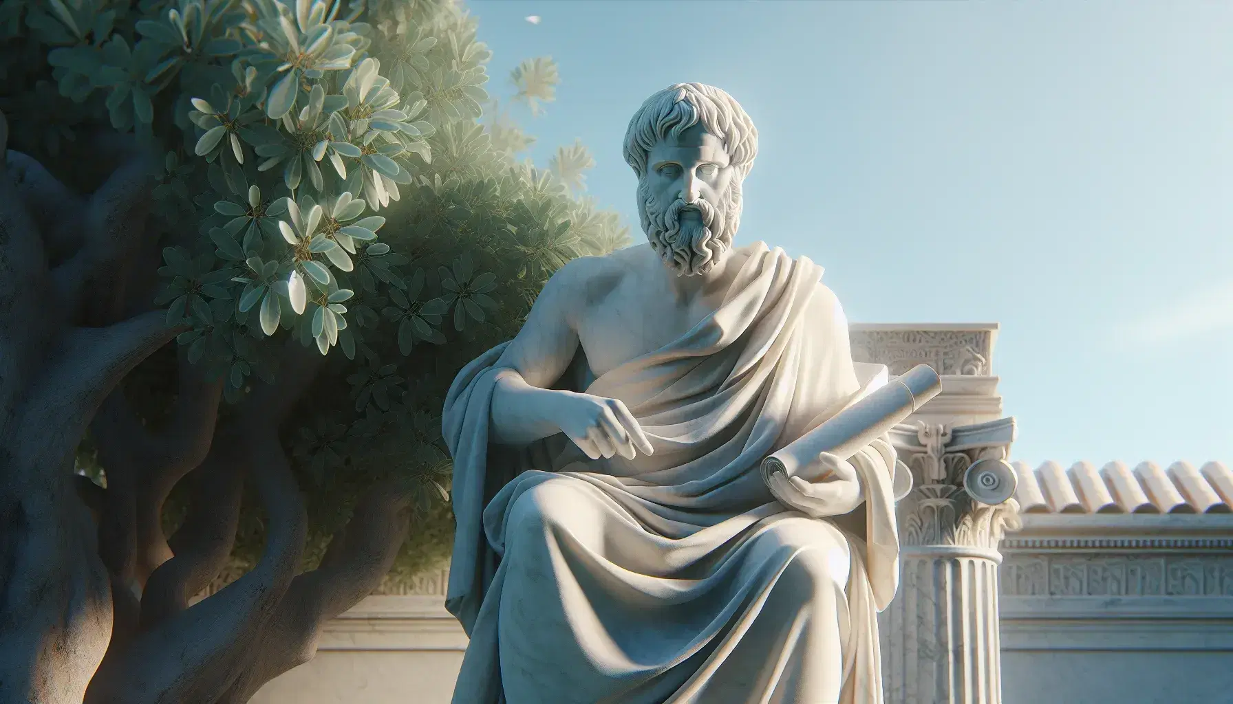 Estatua de mármol blanco de Platón sosteniendo un papiro, con túnica y mirada pensativa, en un jardín con árboles y cielo despejado.