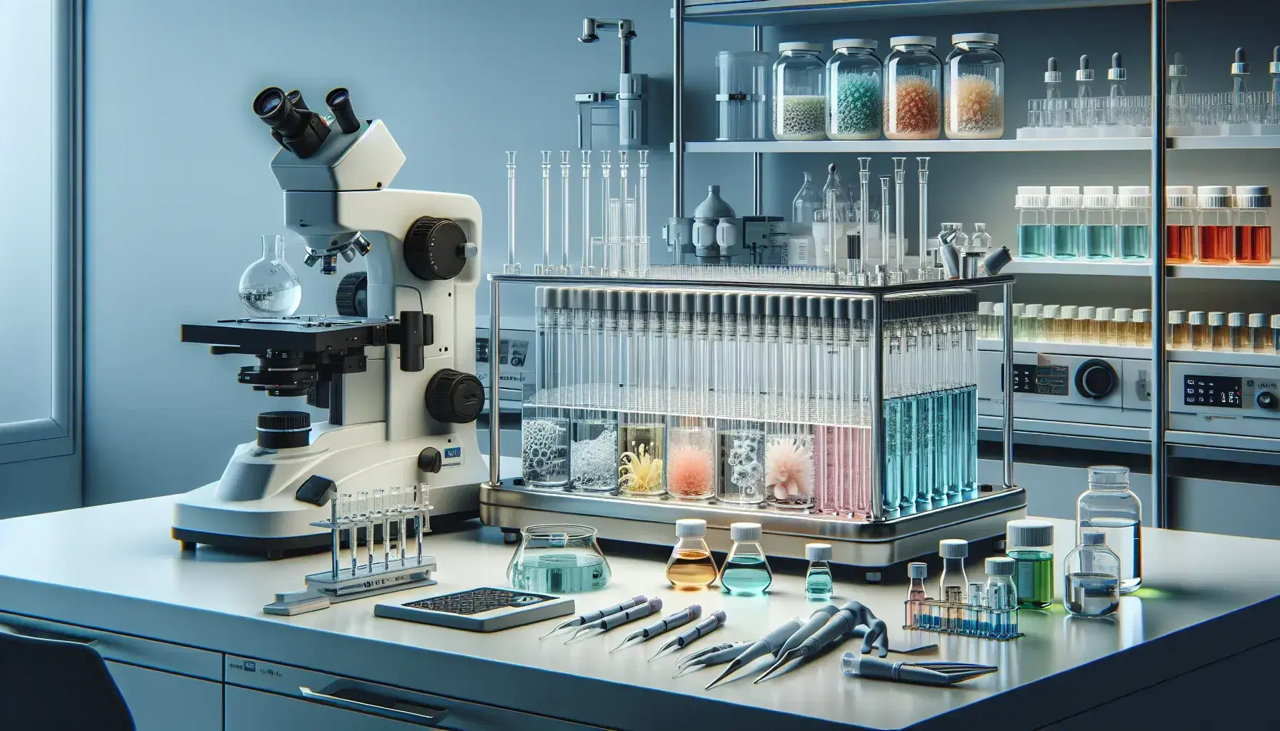 Laboratorio de biotecnología moderno con bioreactores de vidrio y líquidos coloridos, pipetas, microscopio electrónico y técnico trabajando.