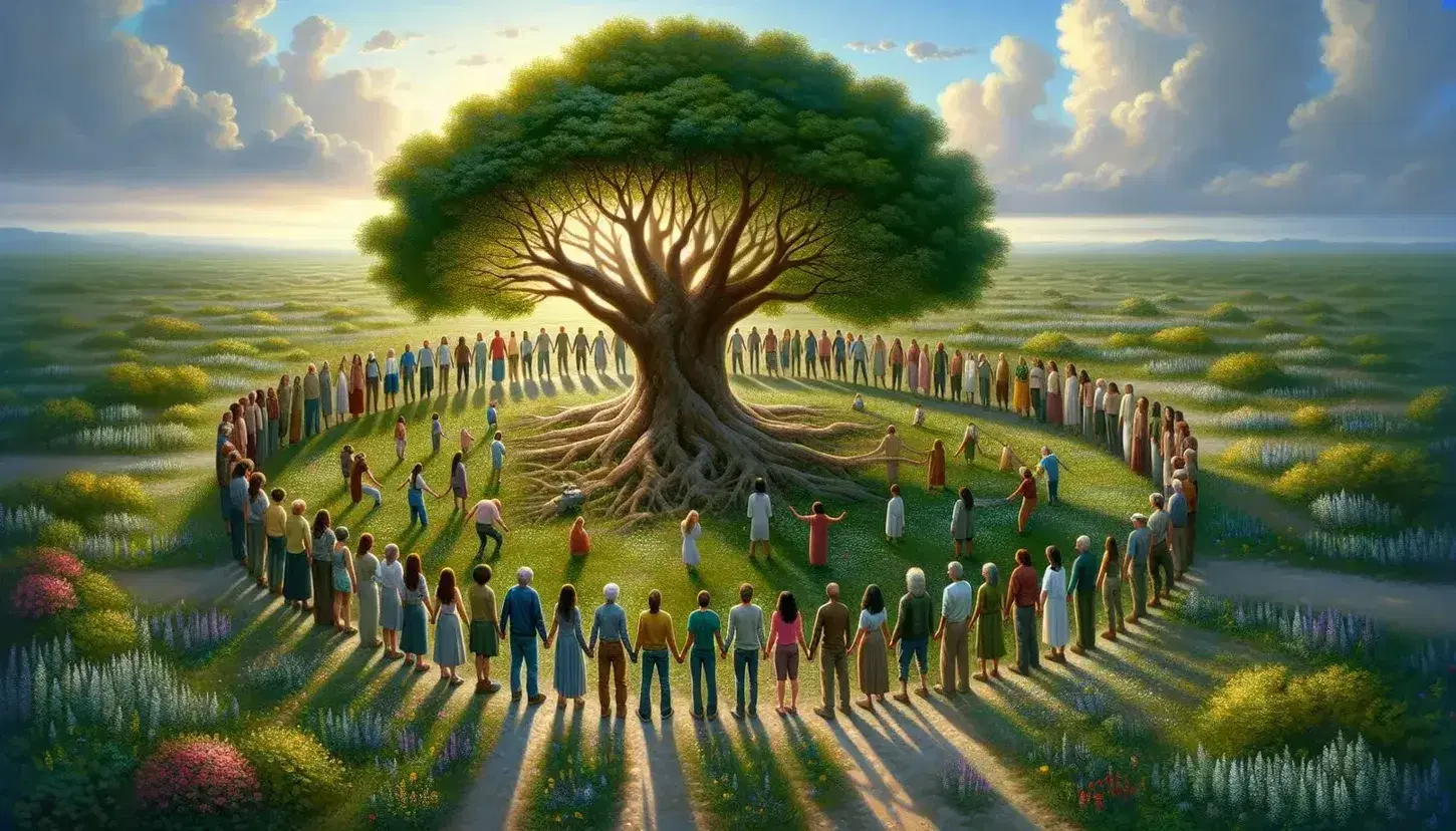 Grupo diverso de personas en círculo alrededor de un árbol frondoso bajo cielo azul con nubes, extendiendo manos o con ellas unidas, sobre césped con flores silvestres.