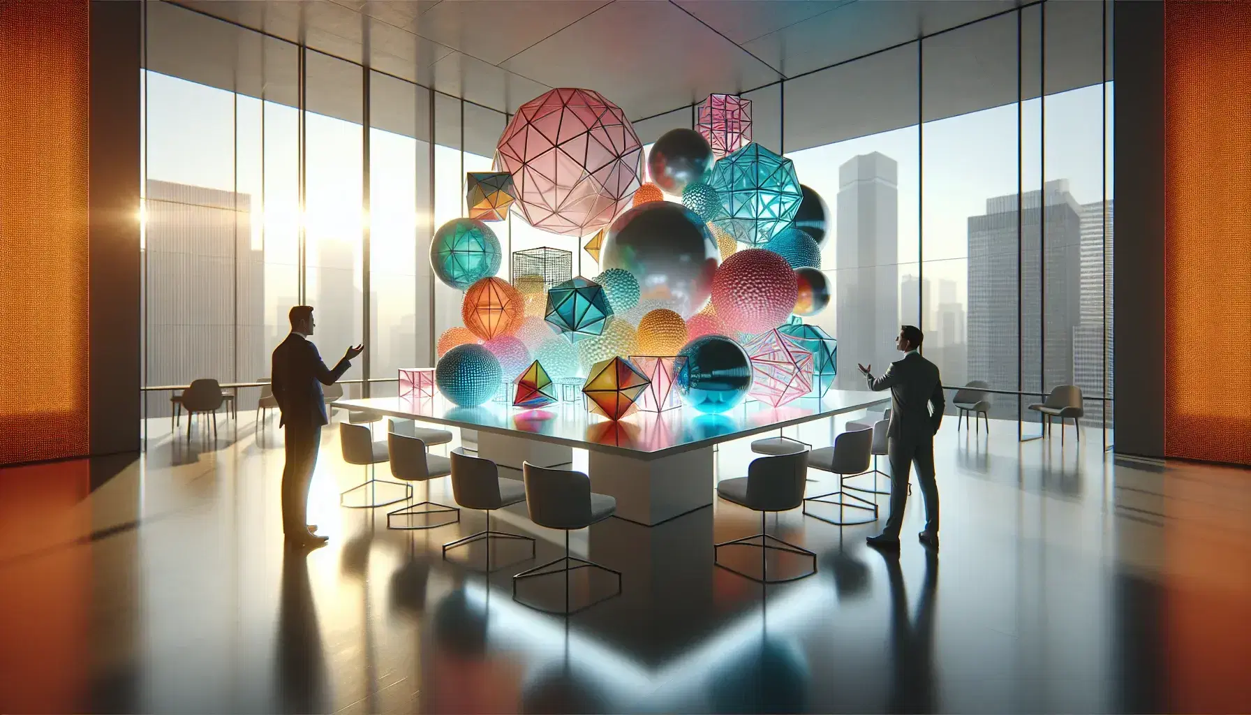 Two professionals discuss over a conference table with colorful translucent geometric shapes in a bright, modern office with a cityscape view.
