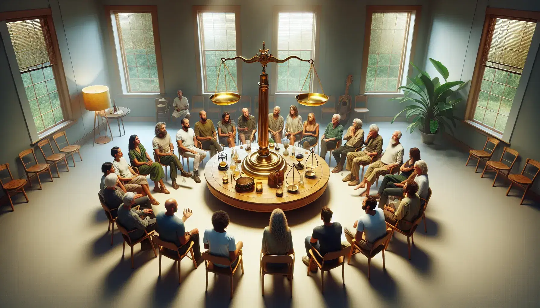 Grupo diverso en diálogo sentados alrededor de una mesa con balanza, lámpara antigua y reloj de arena, en una sala iluminada suavemente con planta de interior.
