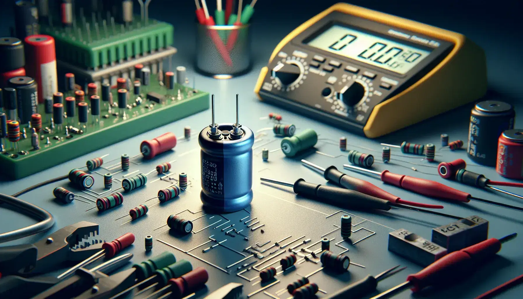Banco di lavoro elettronico con capacitore blu collegato a multimetro spento, resistenze e pinze su sfondo sfocato.