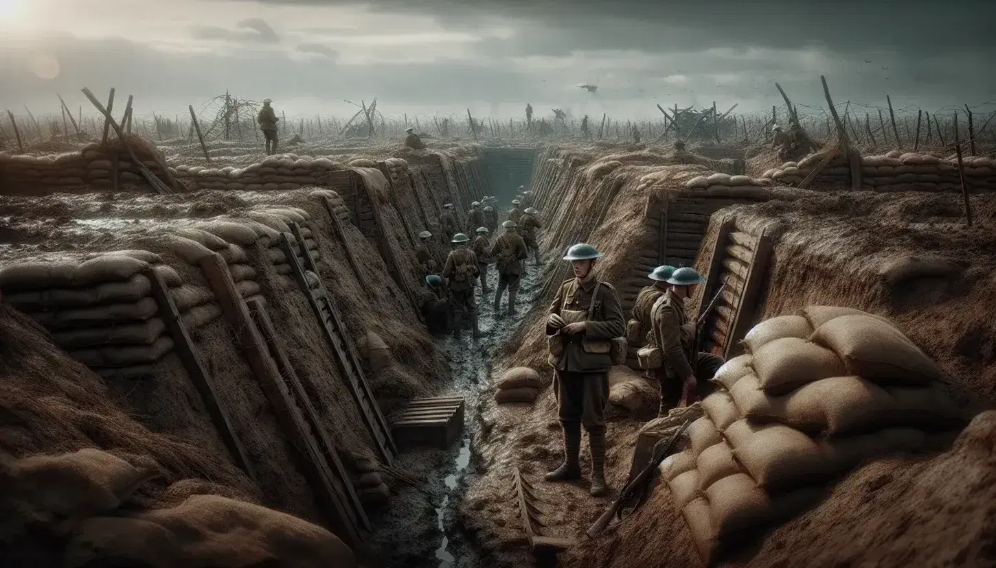 Campo di battaglia della Prima Guerra Mondiale con trincee fangose, soldati in uniforme e cielo grigio nuvoloso.