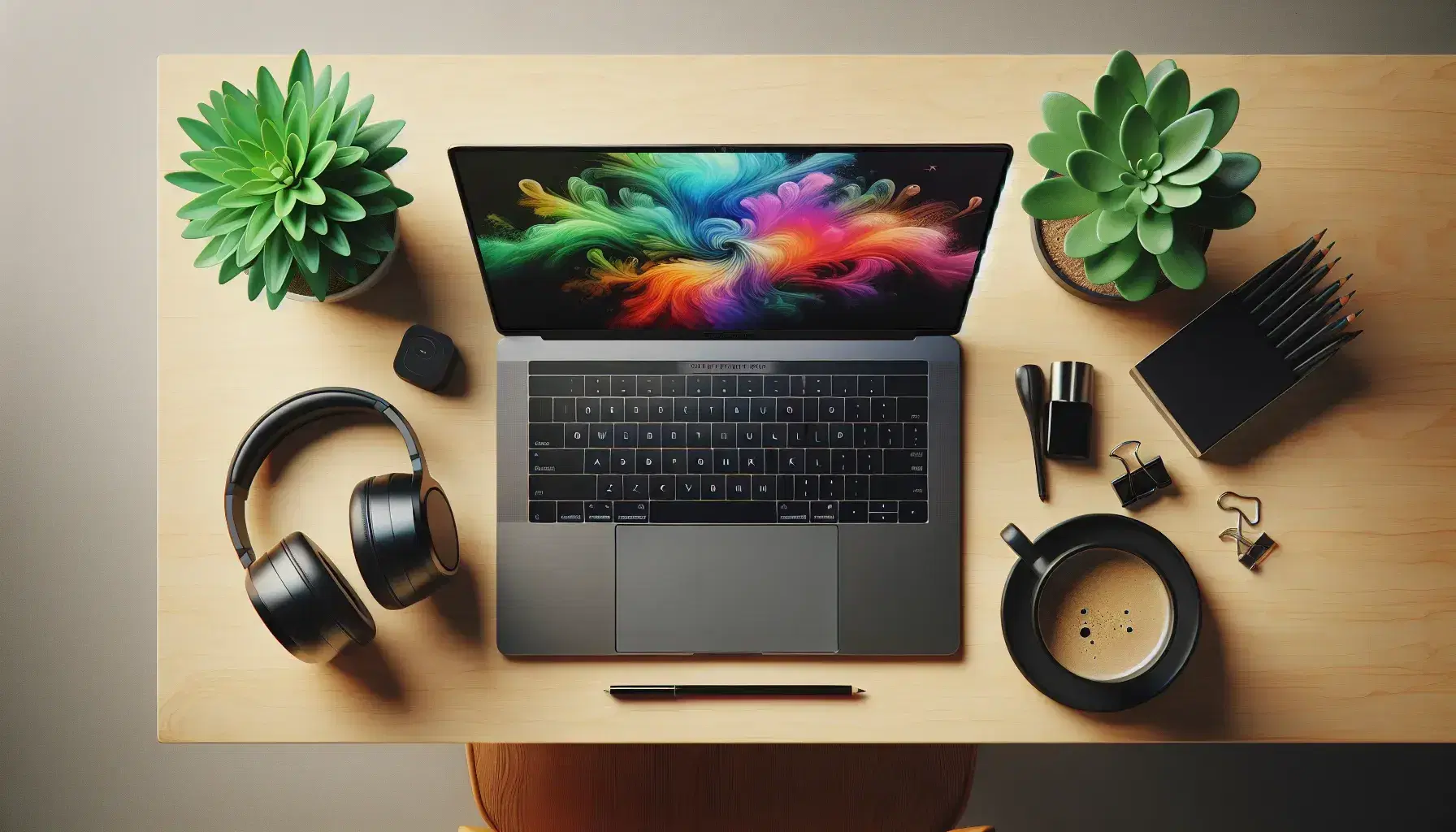 Organized desk with open laptop, black headphones, green plant and steaming cup on light wooden surface, calm and focused atmosphere.