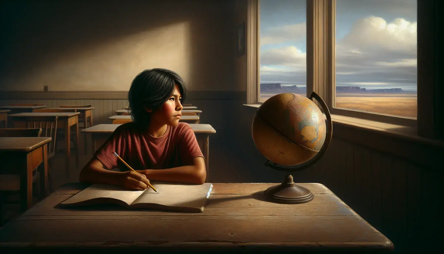 Young Native American boy sitting thoughtfully at a desk with an open notebook and pencil, beside a globe, with a mountain view from the classroom window.