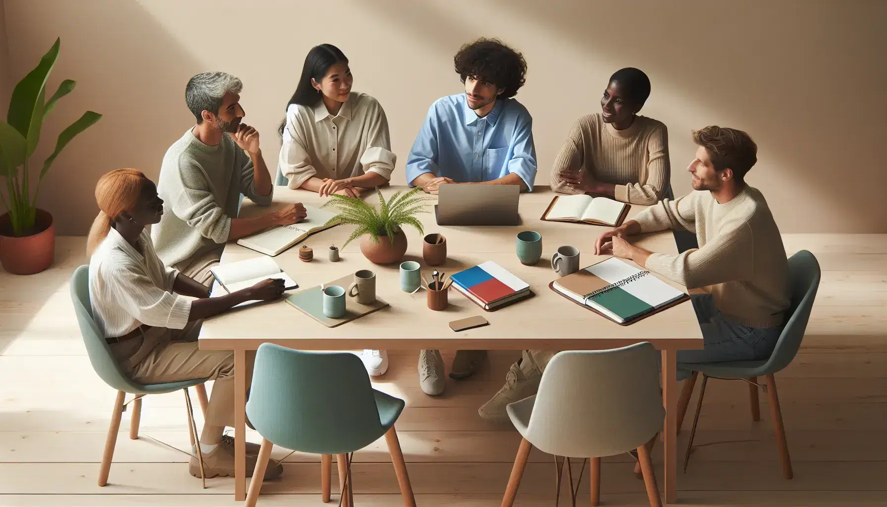 Grupo diverso de cinco profesionales en reunión de trabajo con portátil y libretas sobre mesa de madera, discutiendo activamente en una oficina iluminada.