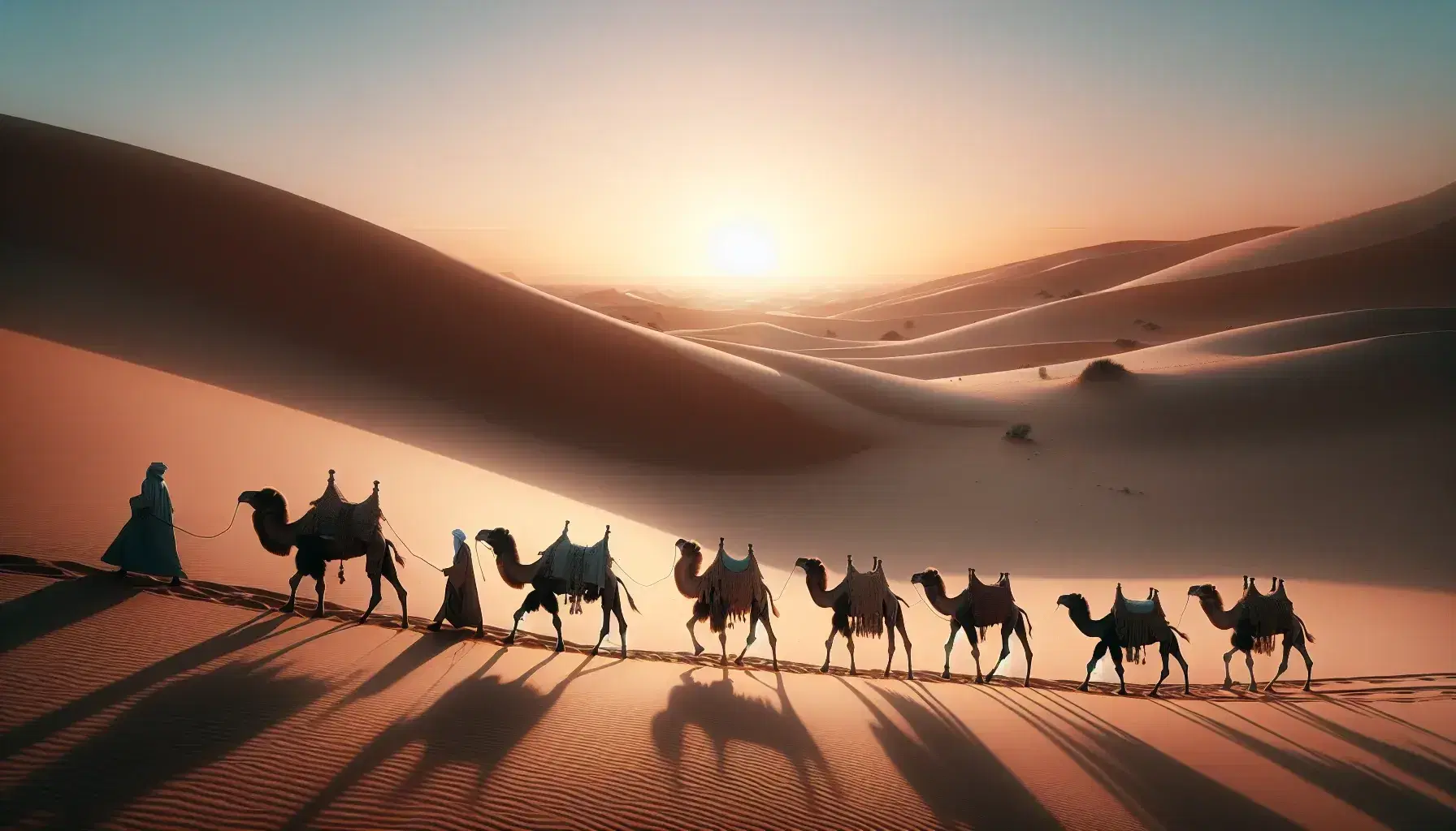 Serene desert dawn with a camel caravan silhouetted against a pastel sky, traditional robed figures leading, and long shadows cast on rippled sand.